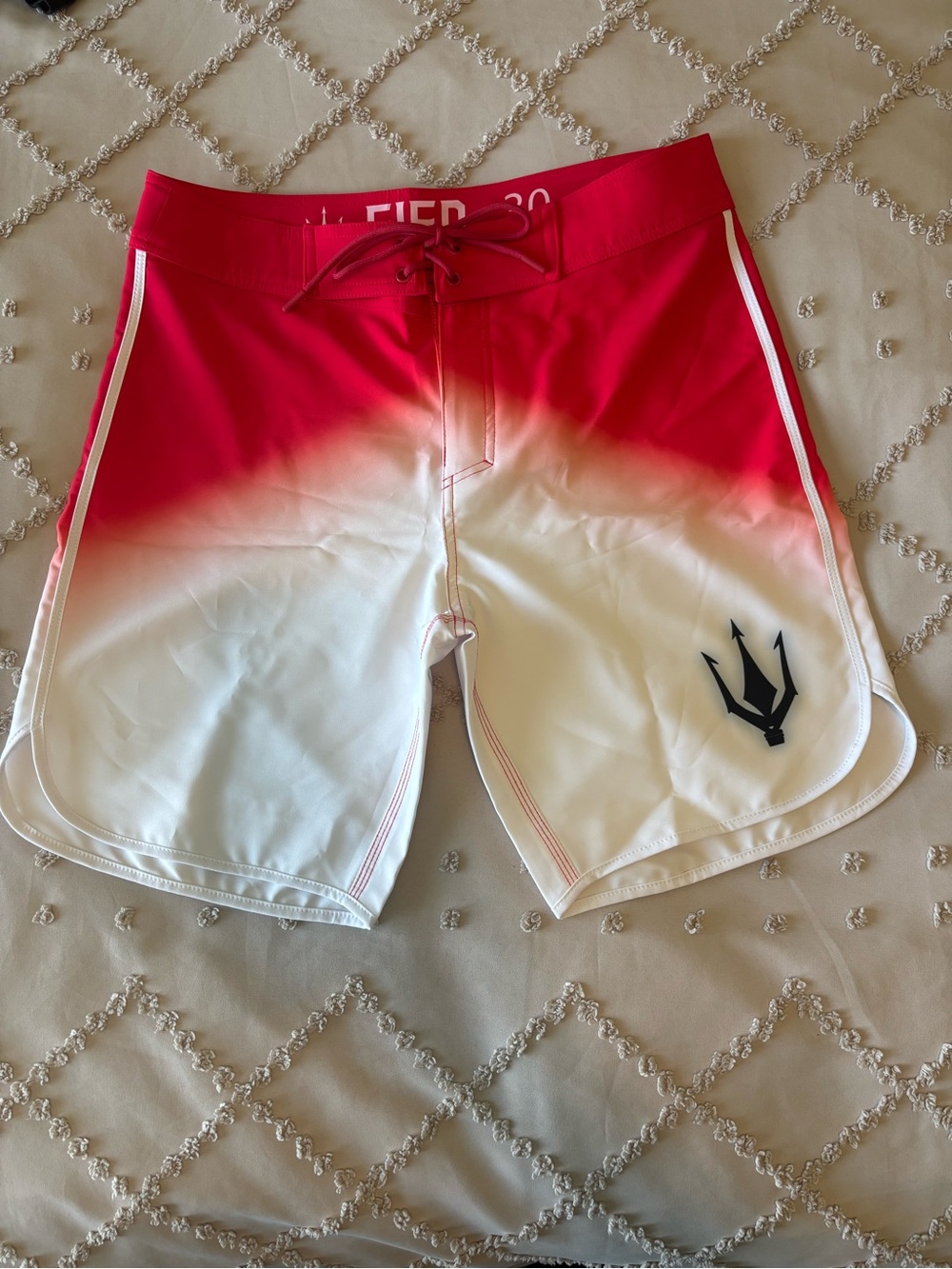 Red & White Men's Bodybuilding Posing Shorts with Trident Logo